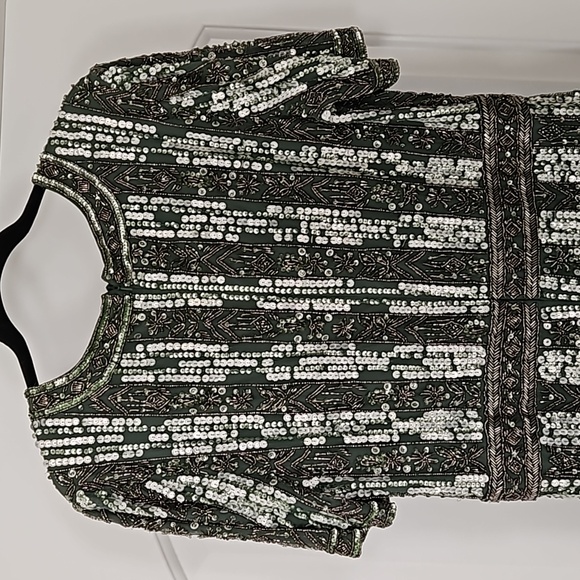 Mac DuggalHigh Neck Short Sleeve Crystal Fringe Column Dress - Picture 8 of 13